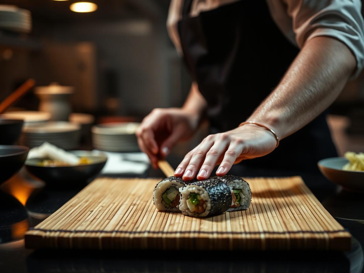 Sushi-Koch rollt frisches Maki auf einer Bambusmatte