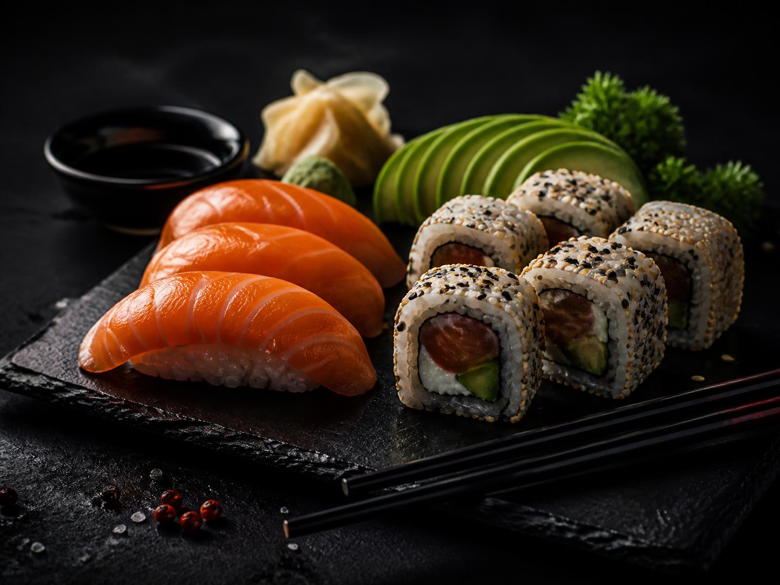Premium Sushi Platte mit Lachs-Nigiri und Inside-Out-Rollen von ZS Premium Sushi Hamburg